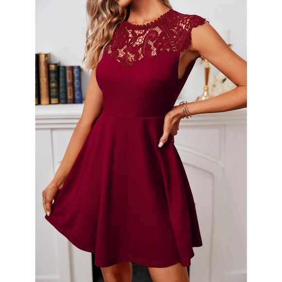 Lace Yoke Flare Hem short sleeve mini Dress burgundy red maroon size medium NWT - Picture 3 of 4